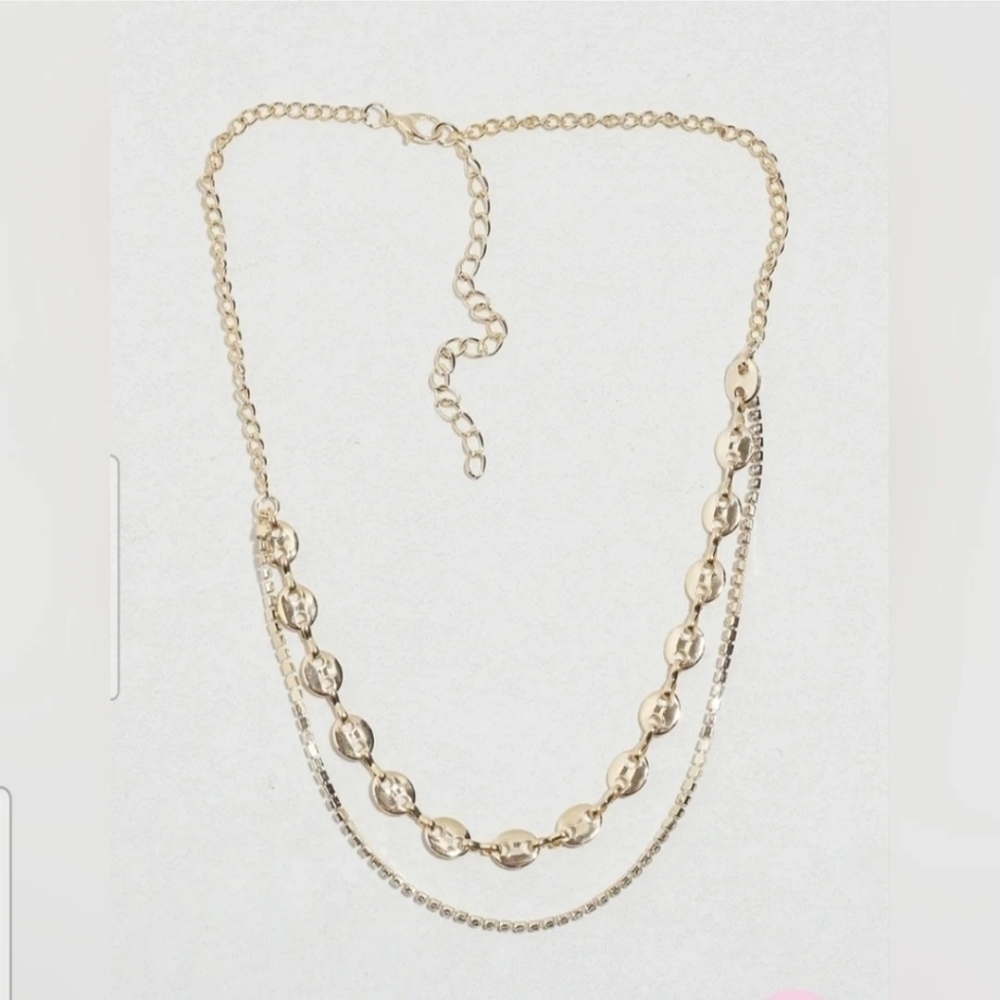 Elegant Rhinestone Gold Layered Chain Necklace BNIB